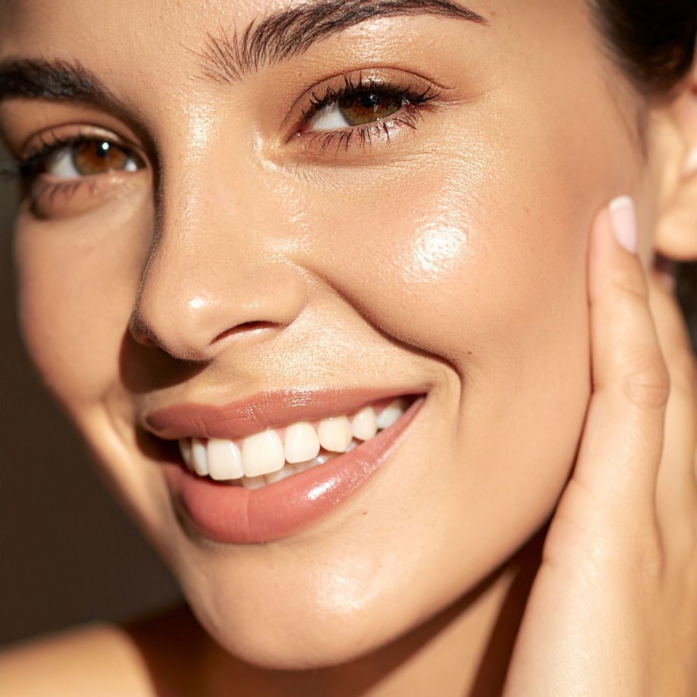 Uneven pigmentation across the cheek being assessed under clinical lighting