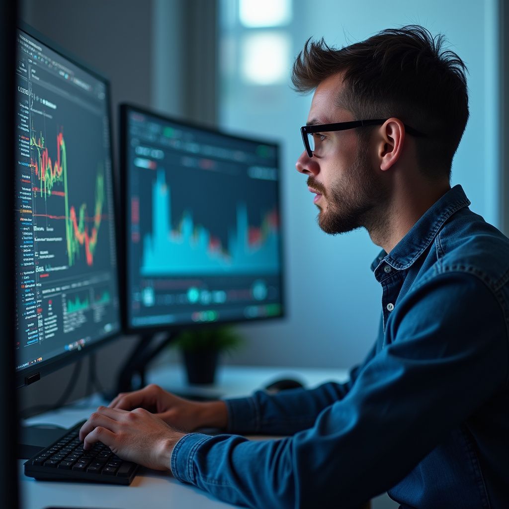 Man with glasses, studying stock charts on dual computer monitors, typing on a keyboard, in a dimly lit room.