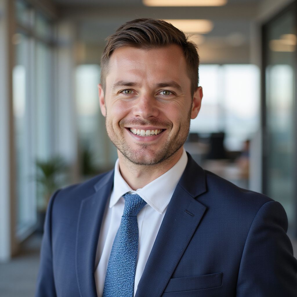 Man in a blue suit smiling in an office hallway.