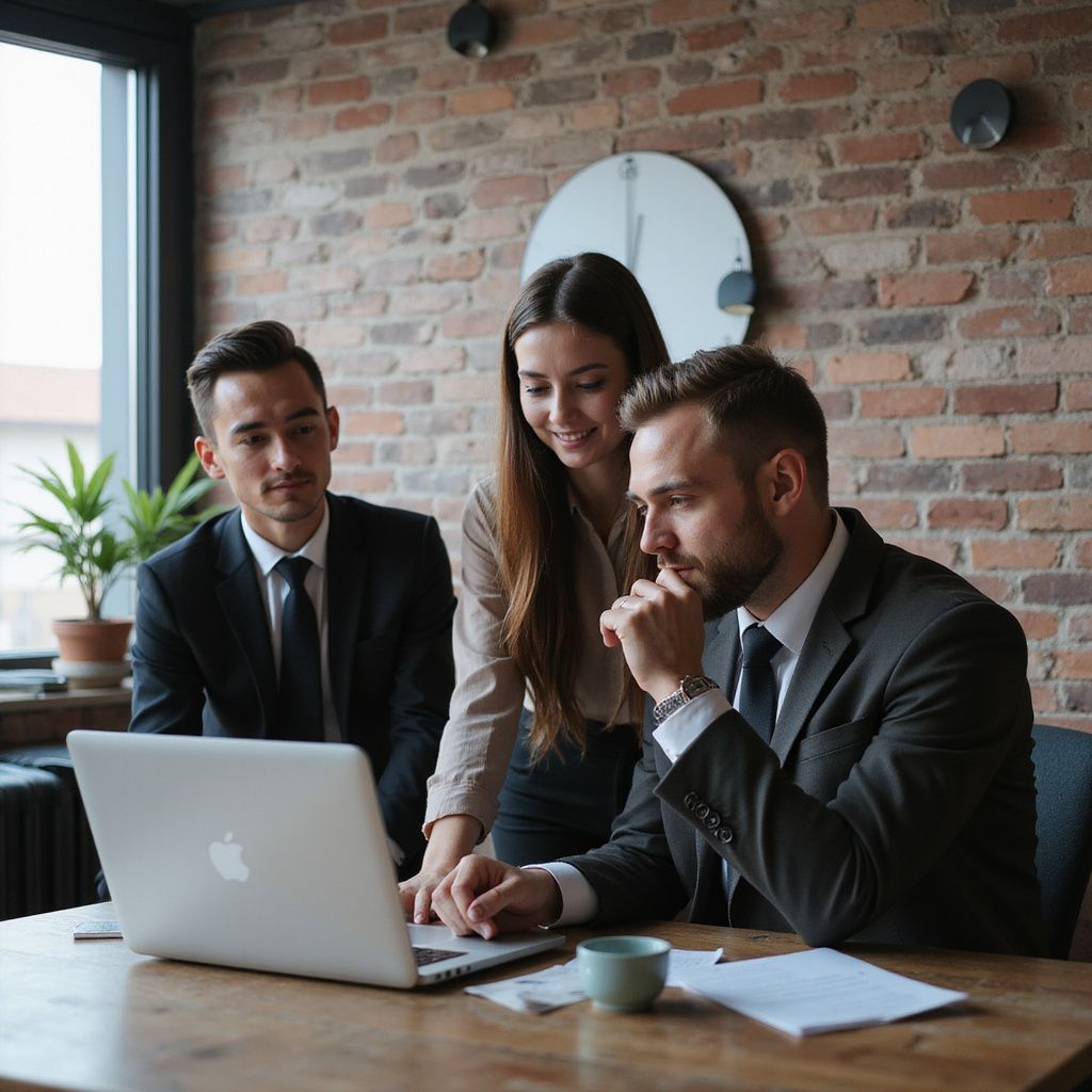 Three colleagues in business attire reviewing a laptop in a brick-walled office.