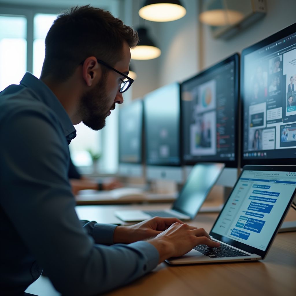 Man typing on laptop, working in a modern office, surrounded by computer monitors.