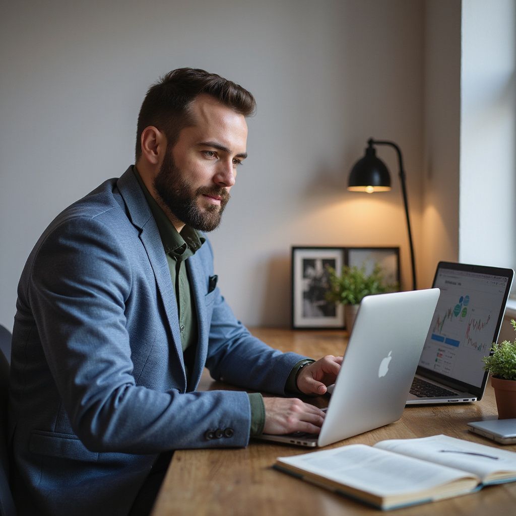 Man in blue blazer working on laptops at a desk with an open book and lamp.