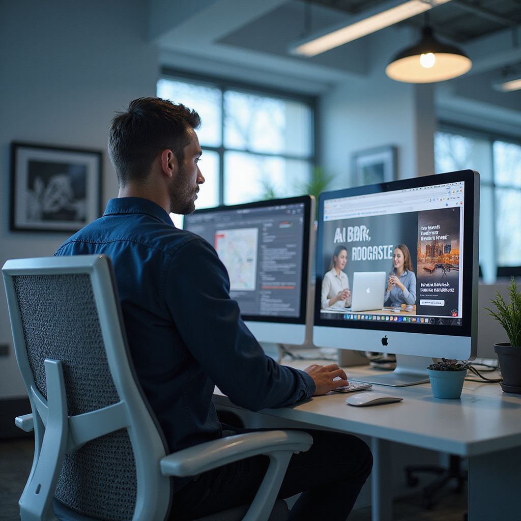 Man at desk working on two computer monitors in office.