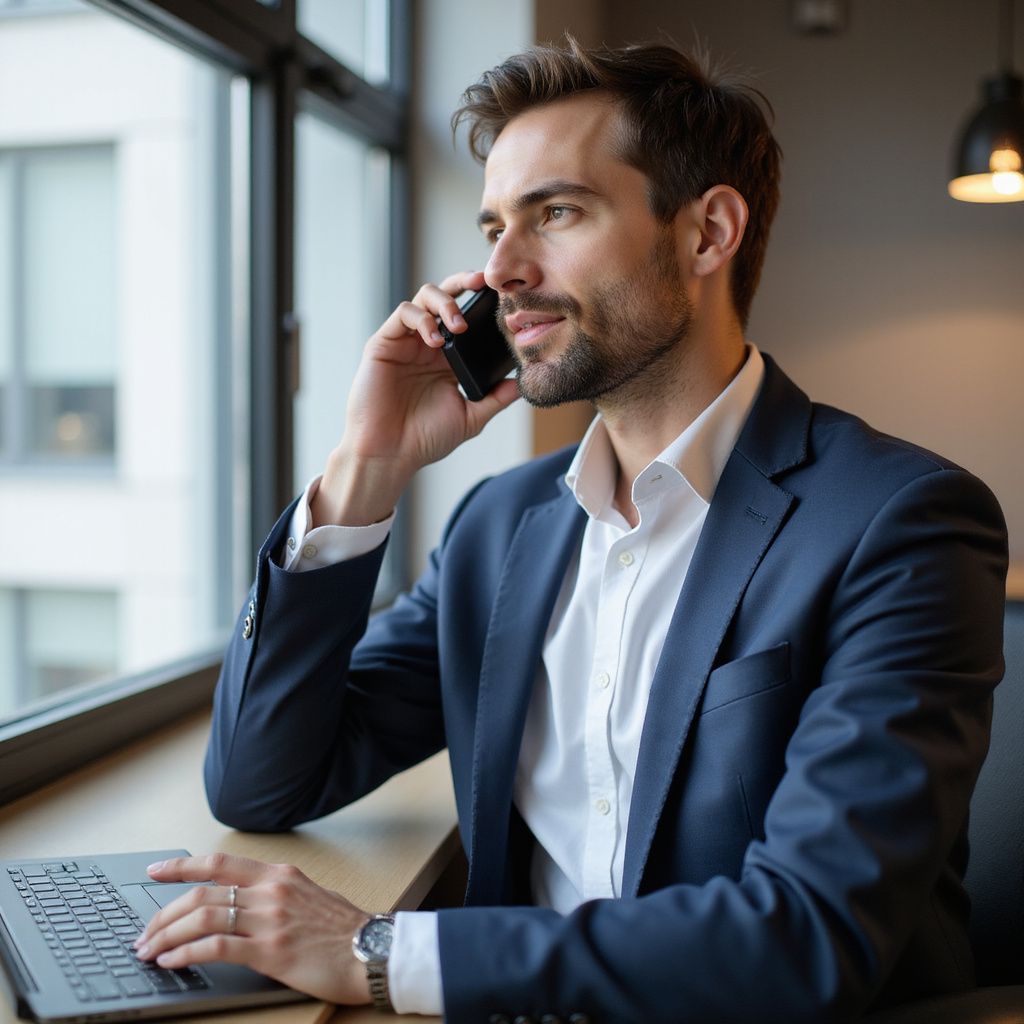 Man in a suit using a laptop and phone by a window, looking thoughtful.