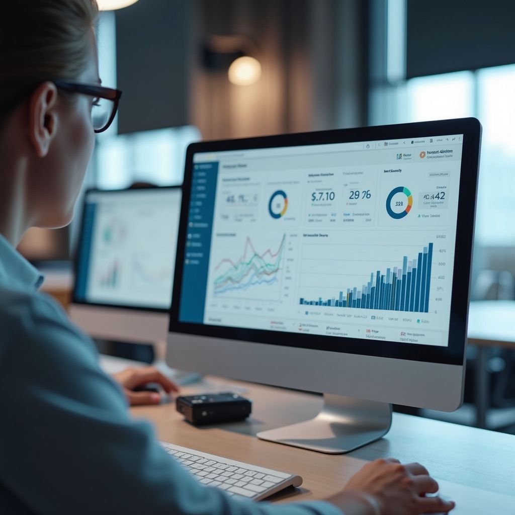 Woman analyzing data on computer screen, blue charts and graphs visible.