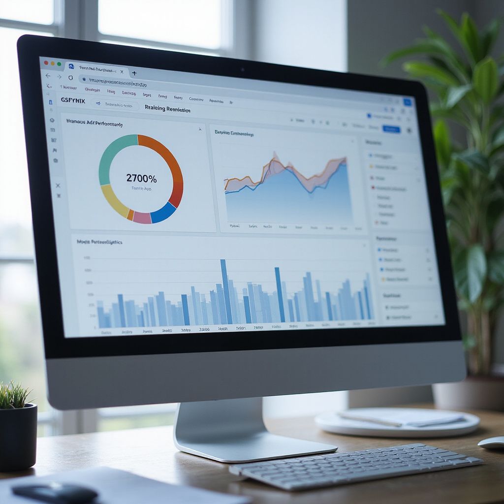Desktop monitor displaying data visualizations and charts.