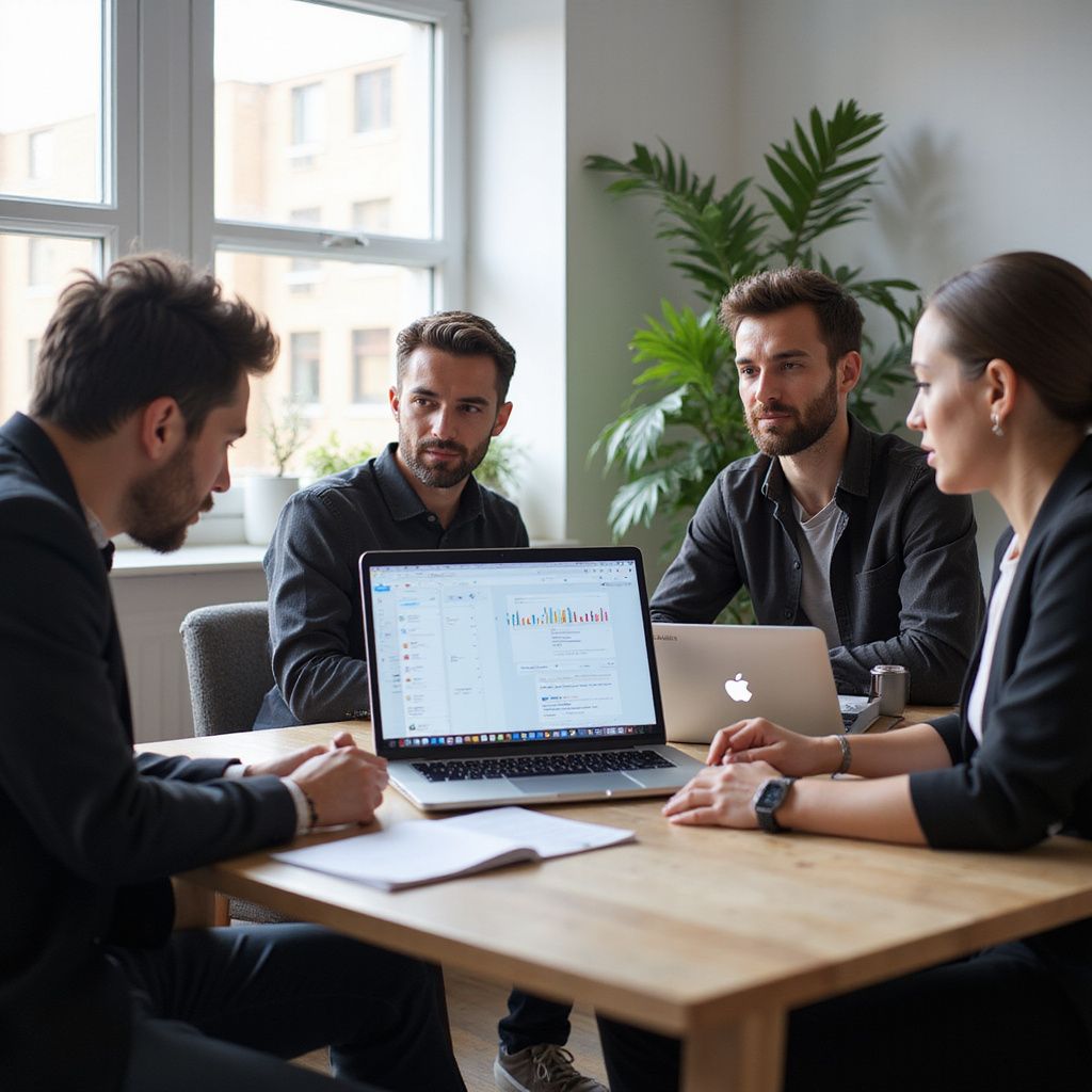 Four people in business attire at a table looking at a laptop, discussing. A notebook and small plant are present.