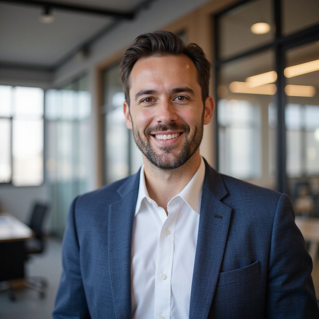 Man in blue blazer and white shirt smiles in an office setting.