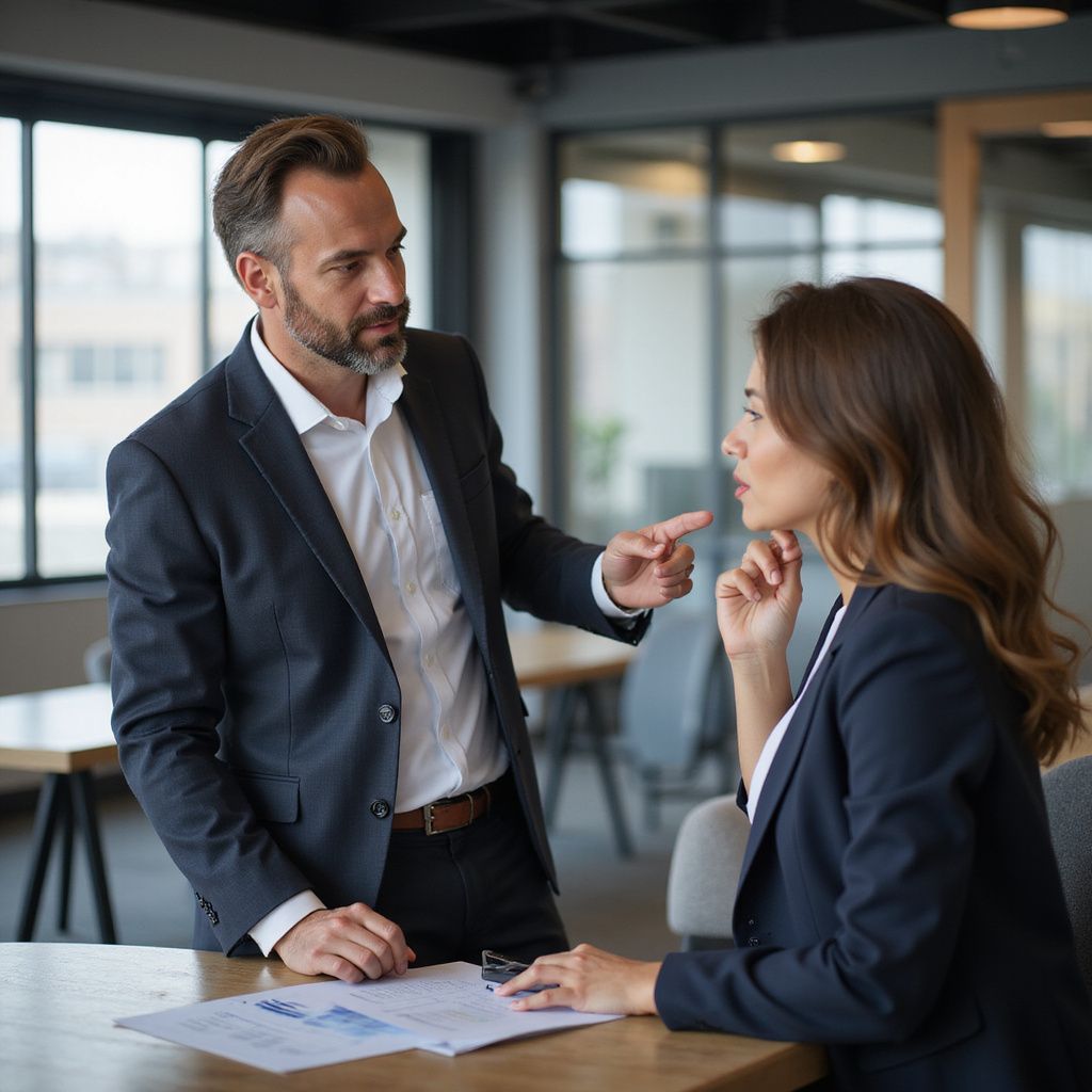 Man in suit points at woman in suit during a meeting, with papers on the desk.