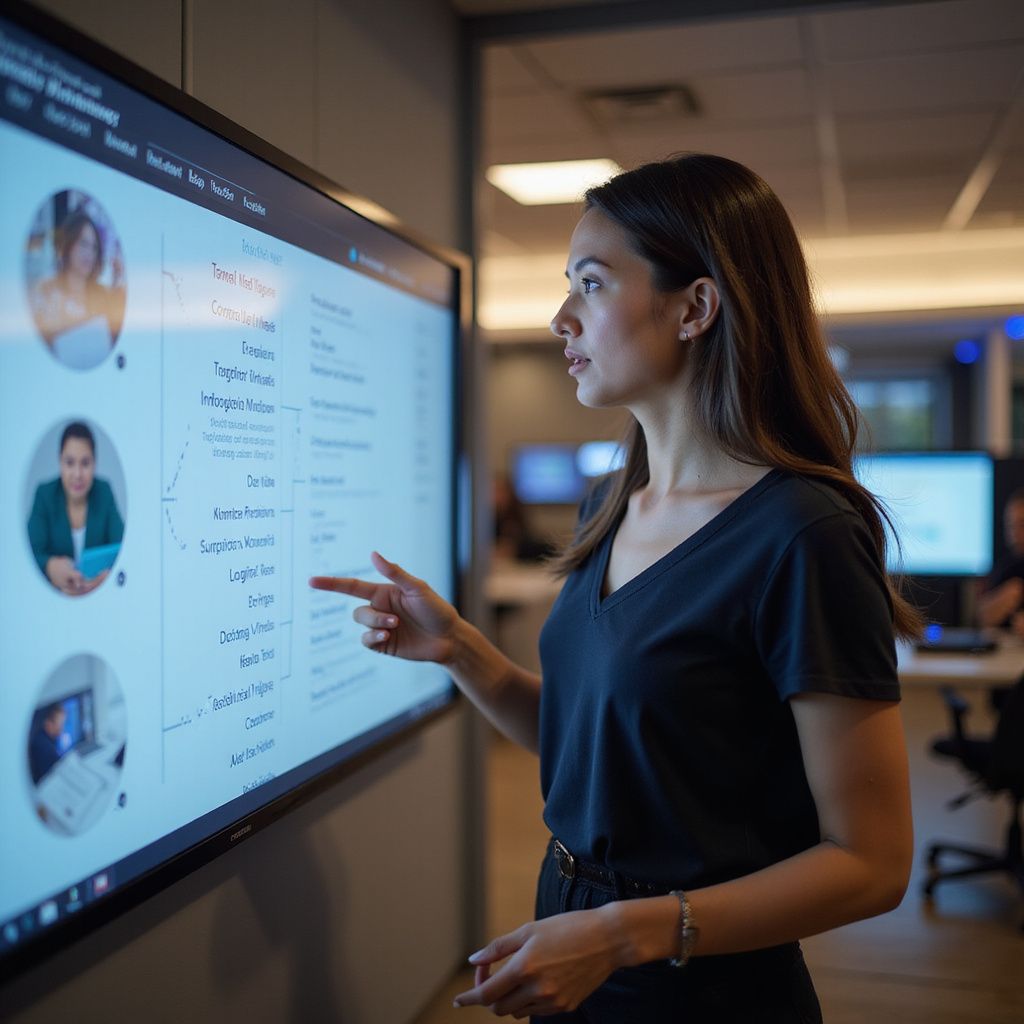 Woman points at a digital whiteboard during a presentation in an office.