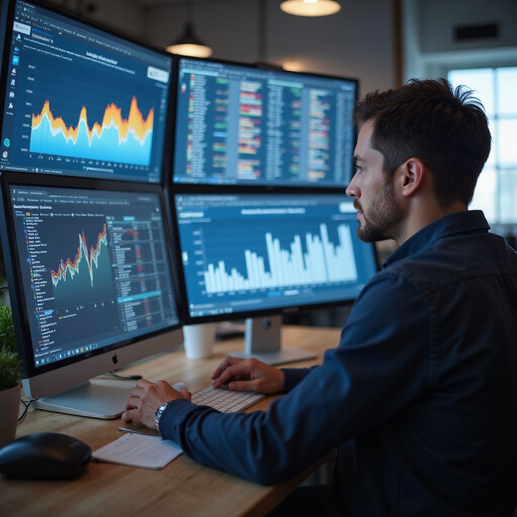 Man analyzes charts on multiple computer screens in a brightly lit office.