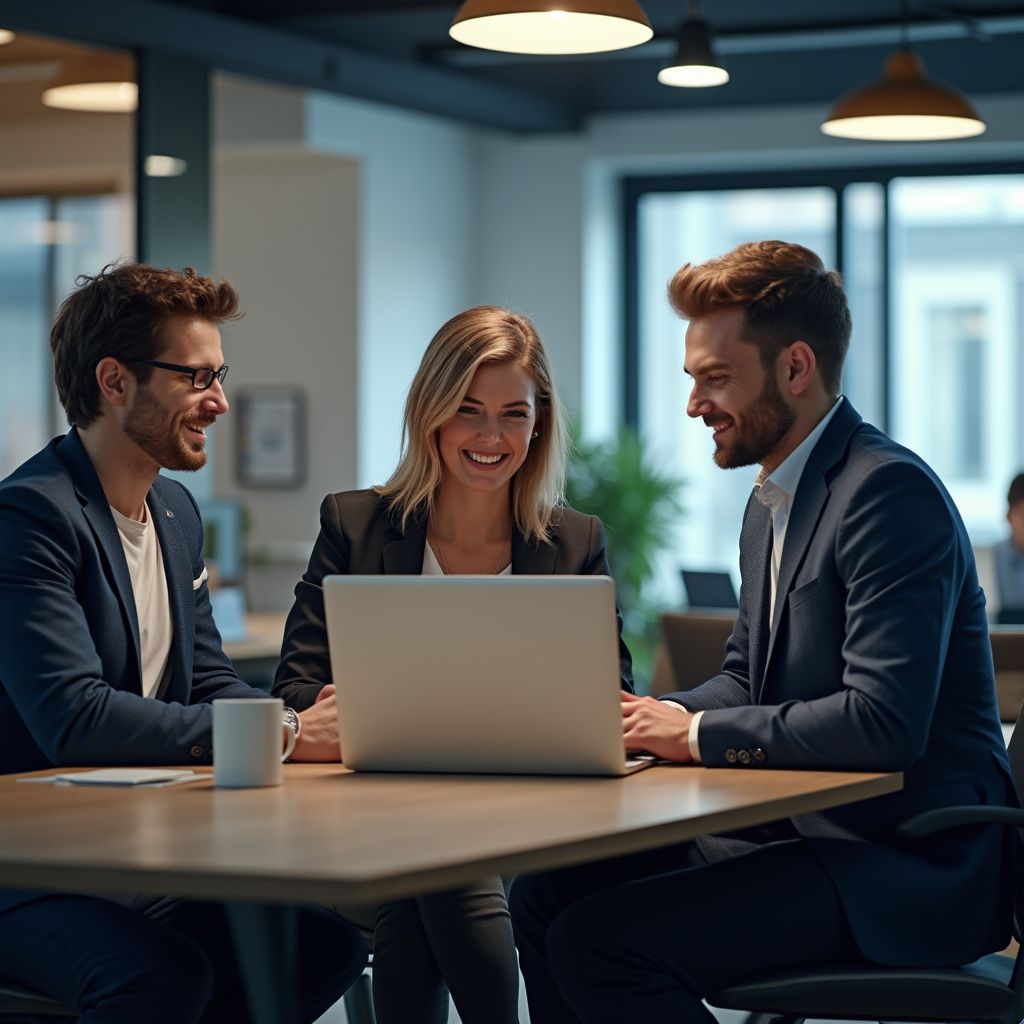 Three business people smiling at a laptop in an office.