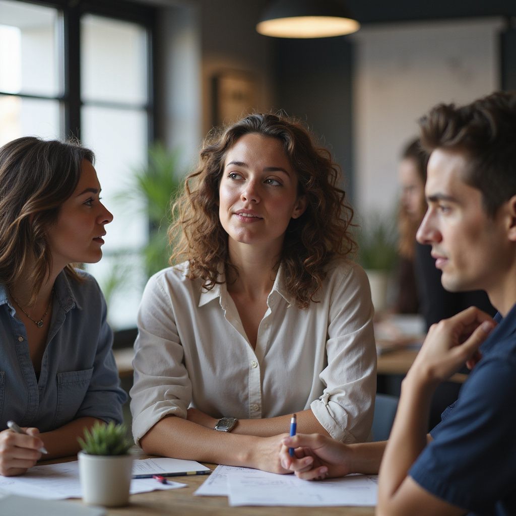 Three people in discussion at a table, indoors. Two women and a man.