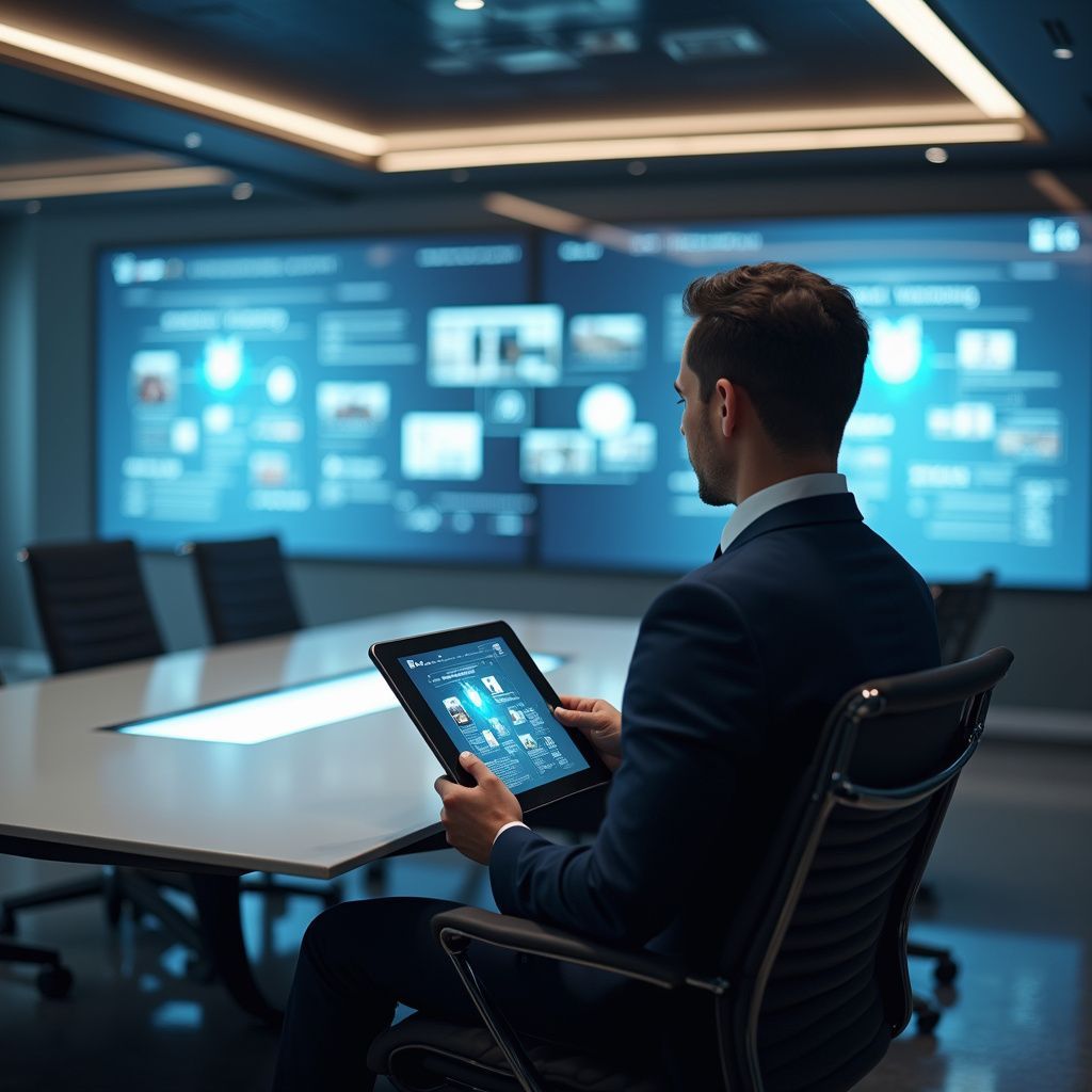 Man in a suit using a tablet in a modern conference room with large screens displaying data.