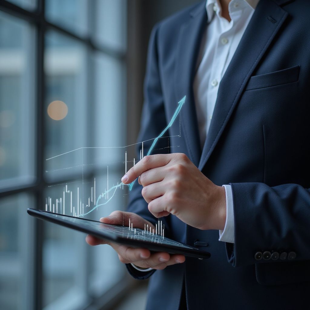 Person in suit holding tablet, pointing at a rising financial graph.