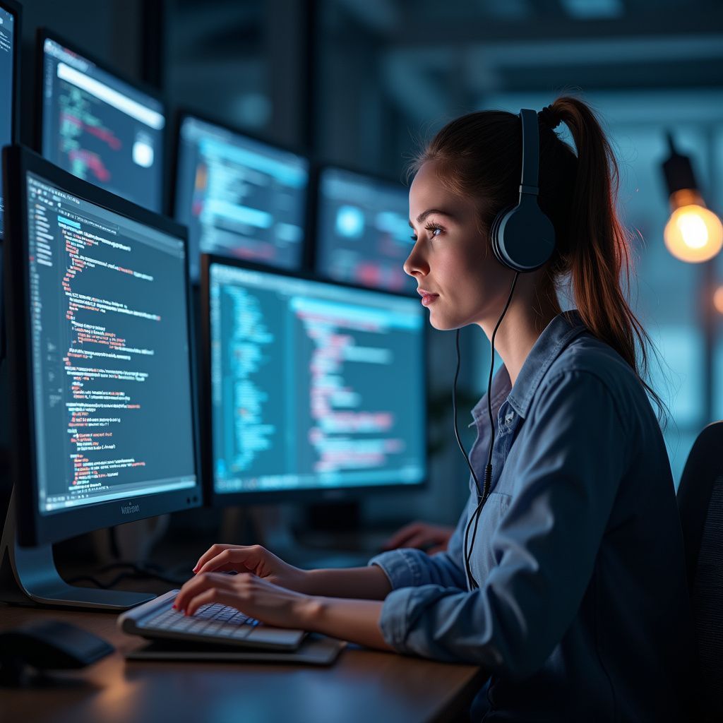 Woman with headphones coding on multiple computer monitors in a dimly lit room.