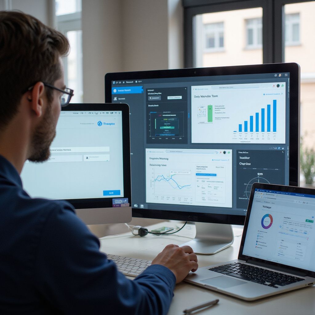 Man using multiple computer screens with charts and data, in an office setting.