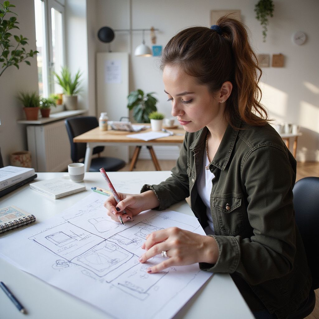 Woman sketching a design on paper, seated at a desk in a bright room.