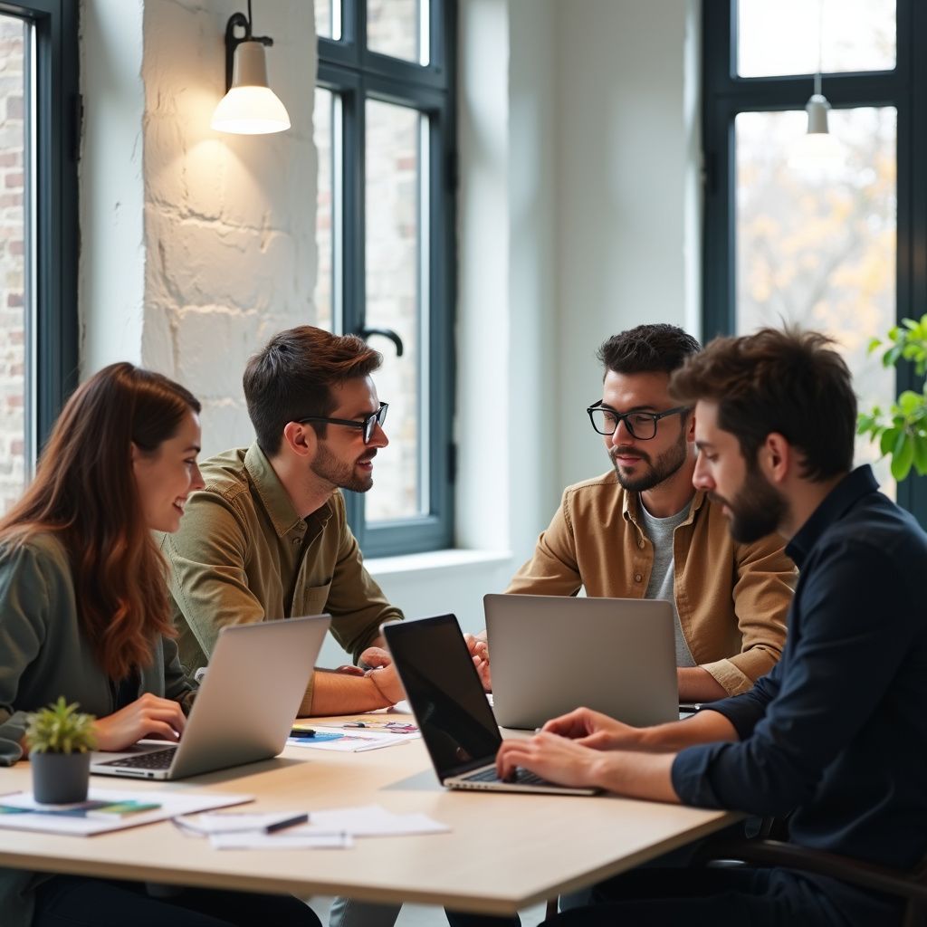 Four people at a table with laptops, collaborating in a bright office.