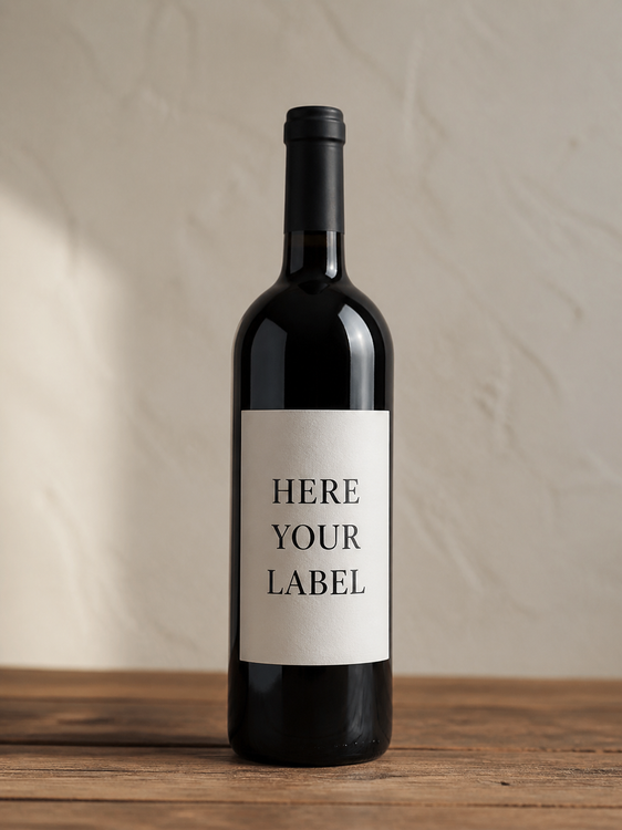 Wine bottle with a blank white label on a wooden table against a beige background