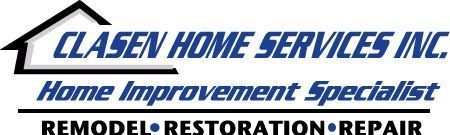 Logo for Clasen Home Services Inc., home improvement specialist. Blue text with black house outline.