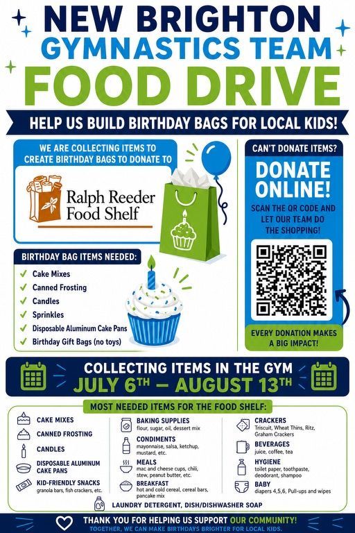 New Brighton Gymnastics Team food drive poster with donation details and QR code