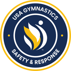 USA Gymnastics Safety & Response logo: blue and yellow circular badge with stylized gymnast silhouette.
