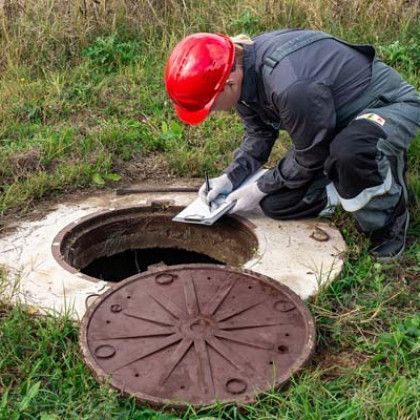 Worker in red hard hat inspecting an open manhole cover in a grassy area.