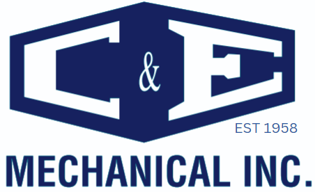 C&E Mechanical Inc. logo in blue and white, with “EST 1958” text