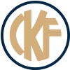 CKF - Marni Wheatley Gold “KF” monogram inside a navy circular border on a white background