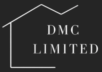 White DMC LIMITED text and house outline logo on a dark background