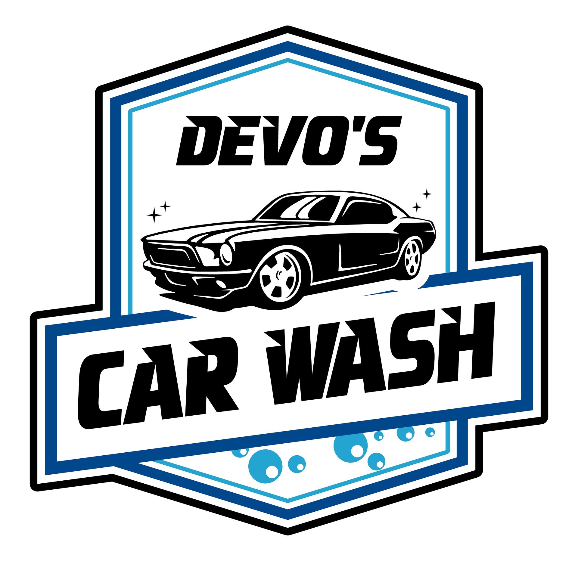 Devo’s Car Wash logo with a black classic car on a blue-and-white shield badge.