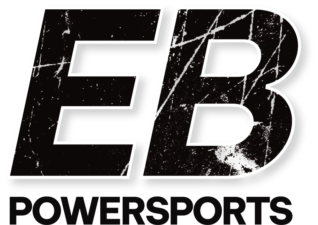 EB Powersports logo in black and white with distressed lettering