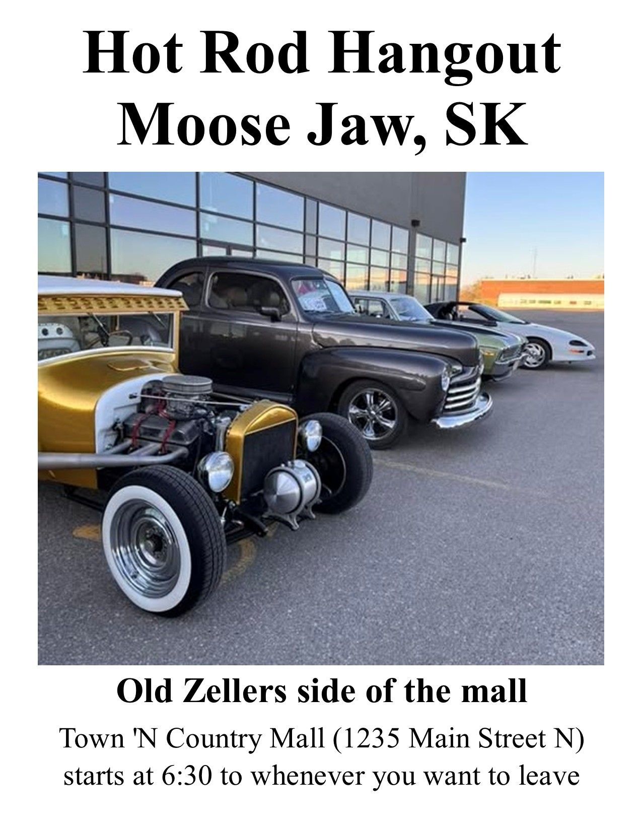 Hot rod meet at Moose Jaw mall with classic cars parked outside Old Zellers side entrance.
