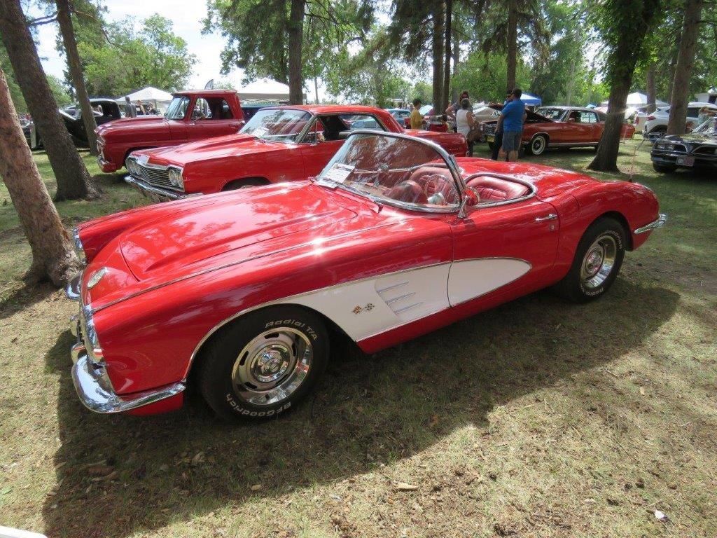 A red and white corvette is parked in the grass at a car show.