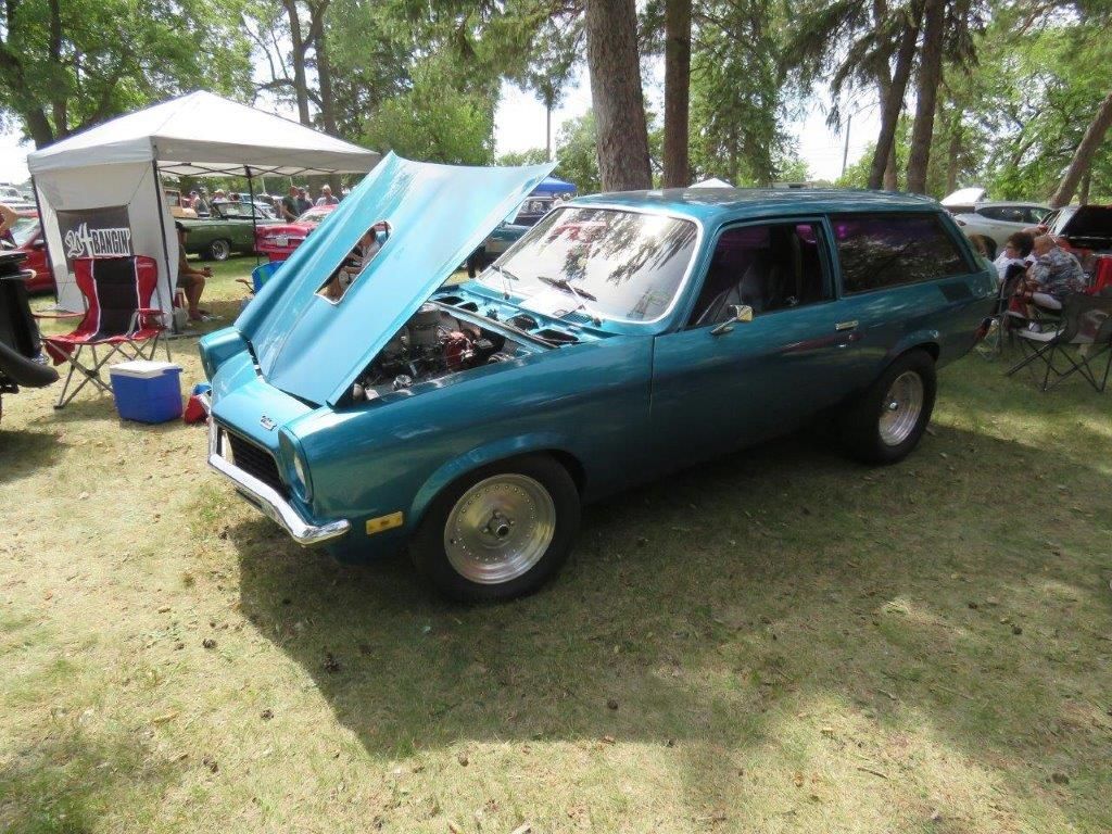 A blue car with the hood up is parked in a grassy area.