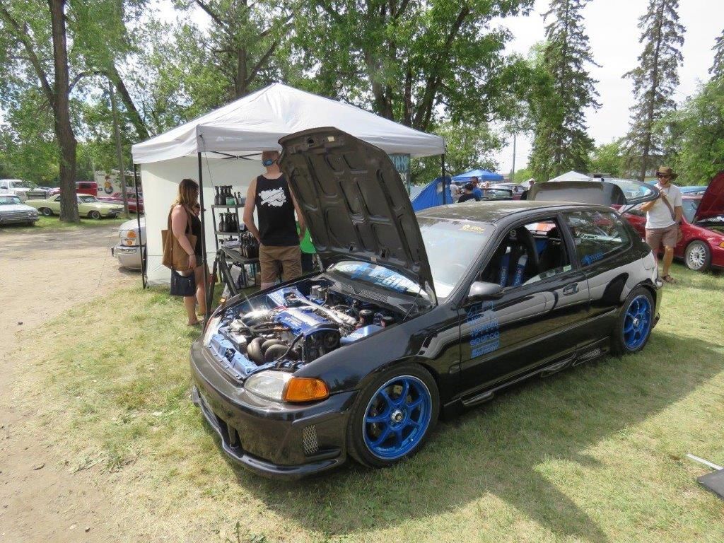 A black car with the hood up is parked in a grassy field.