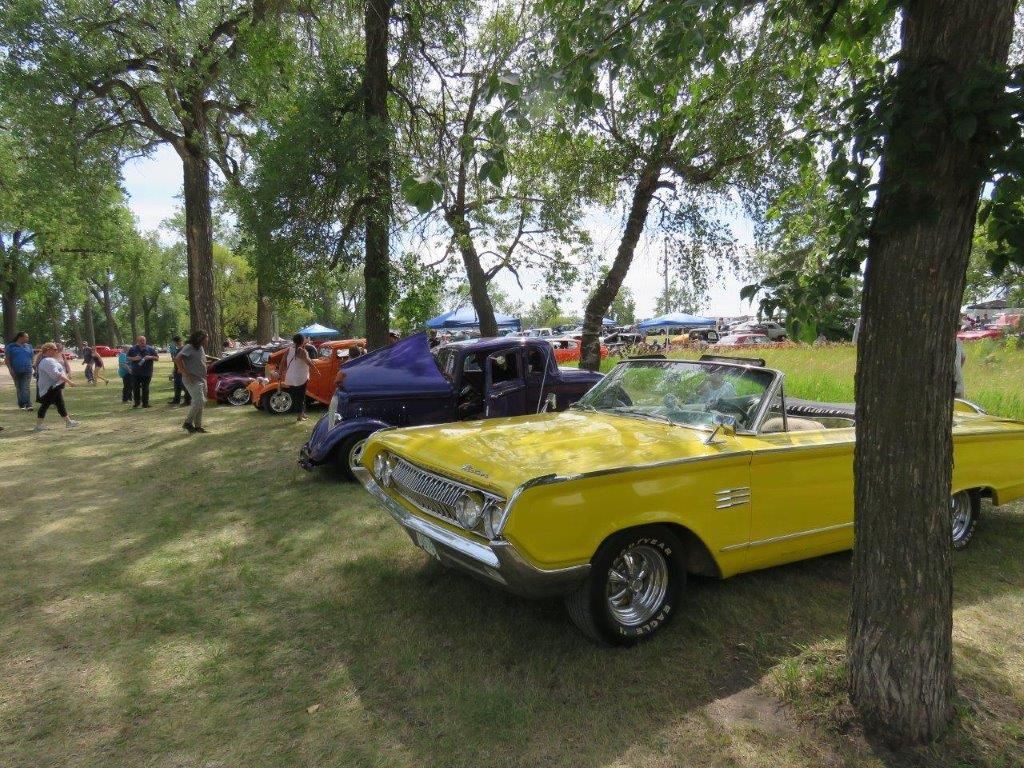 A yellow car is parked next to a tree at a car show.