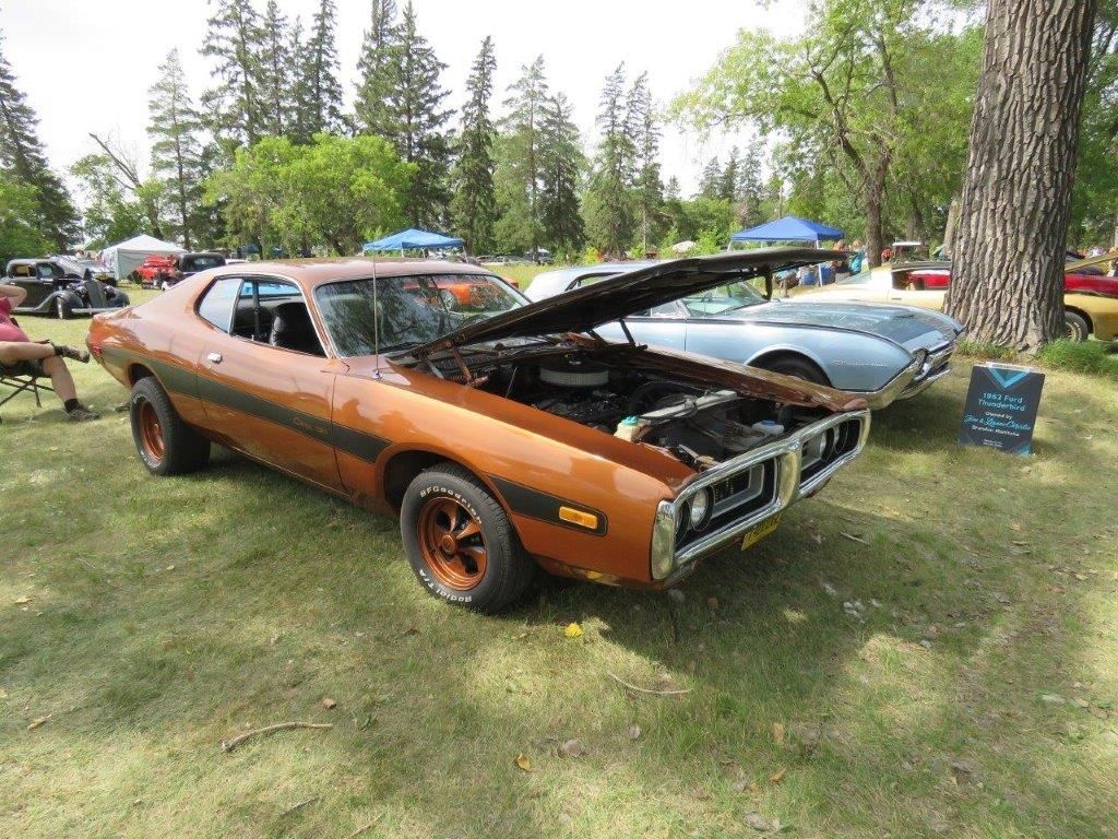 A brown car with the hood up is parked in the grass at a car show.