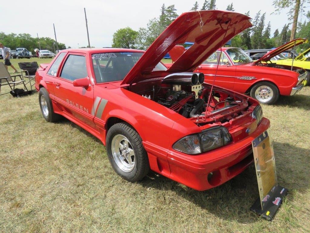 A red car with the hood up is parked in the grass