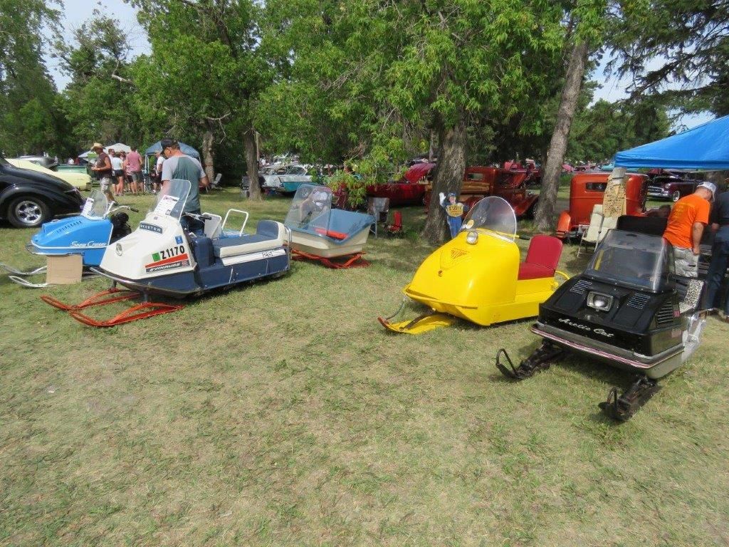 A group of snowmobiles are parked in a grassy field.