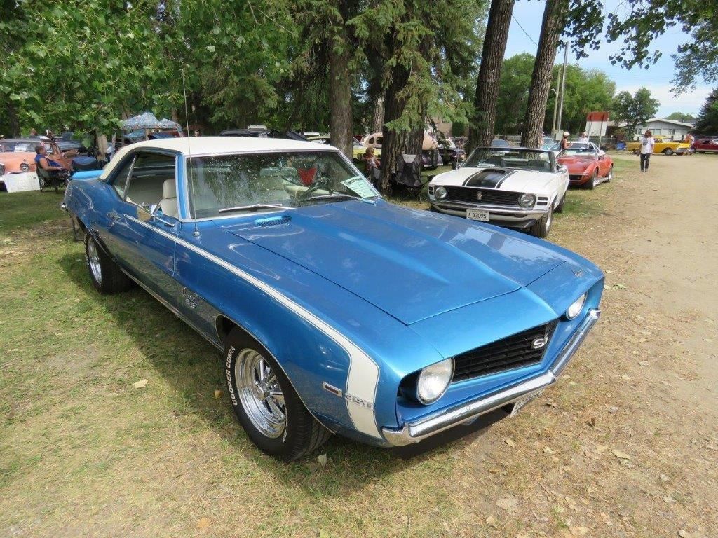 A blue car with a white stripe on the side is parked in a field.