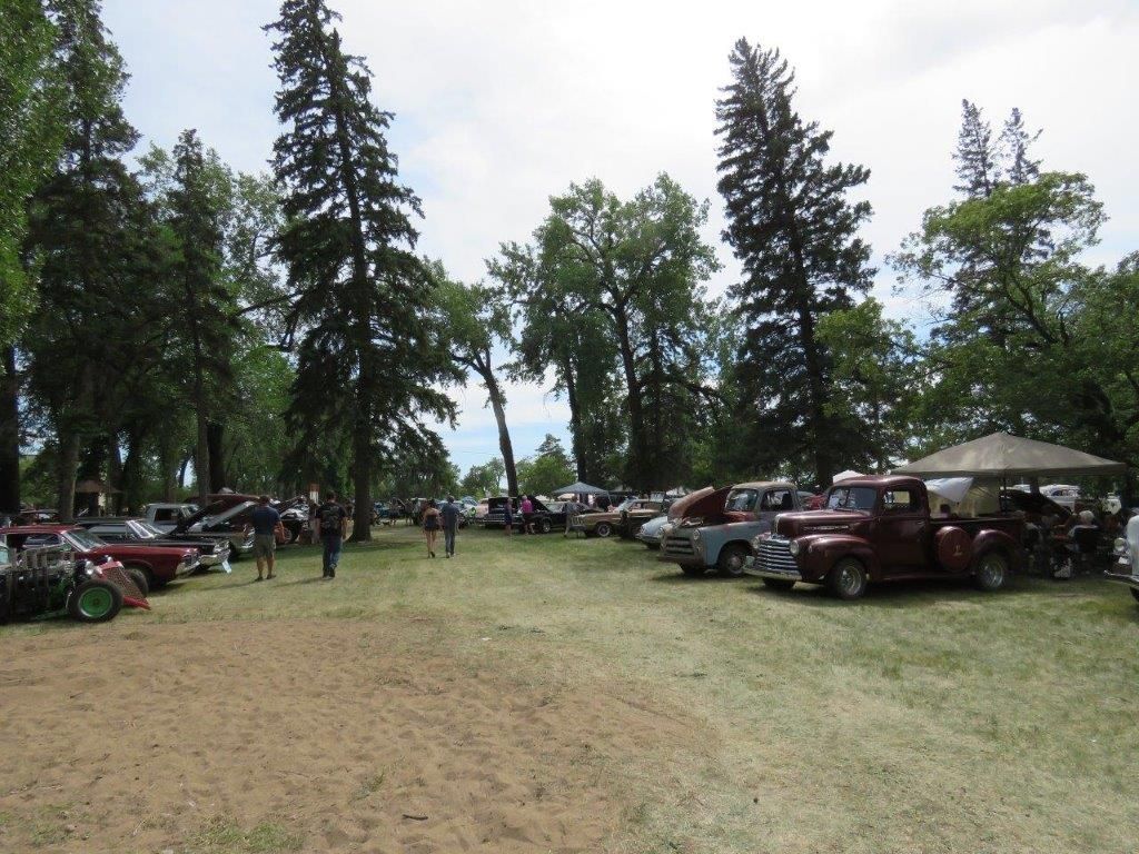 A lot of cars are parked in a grassy field