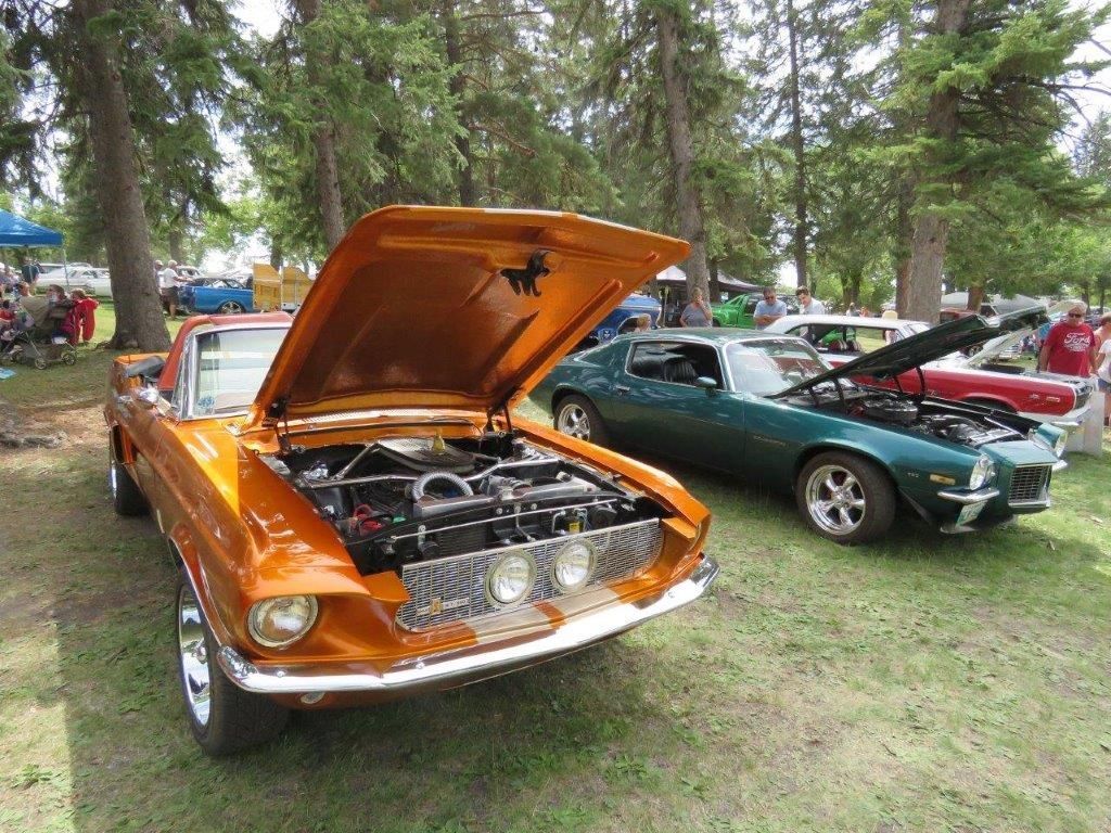 Two cars are parked next to each other with the hoods up at a car show.