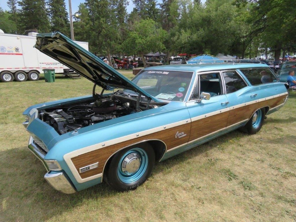 A blue and white car with the hood up is parked on the grass.