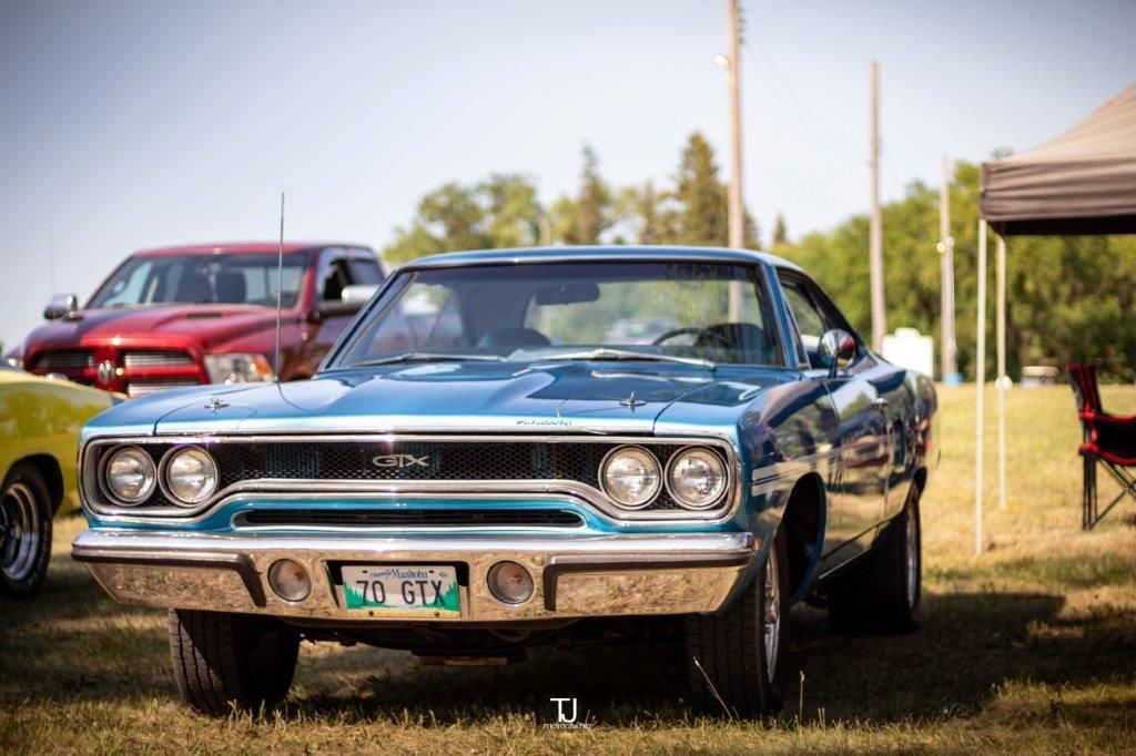 A blue car is parked in a grassy field.
