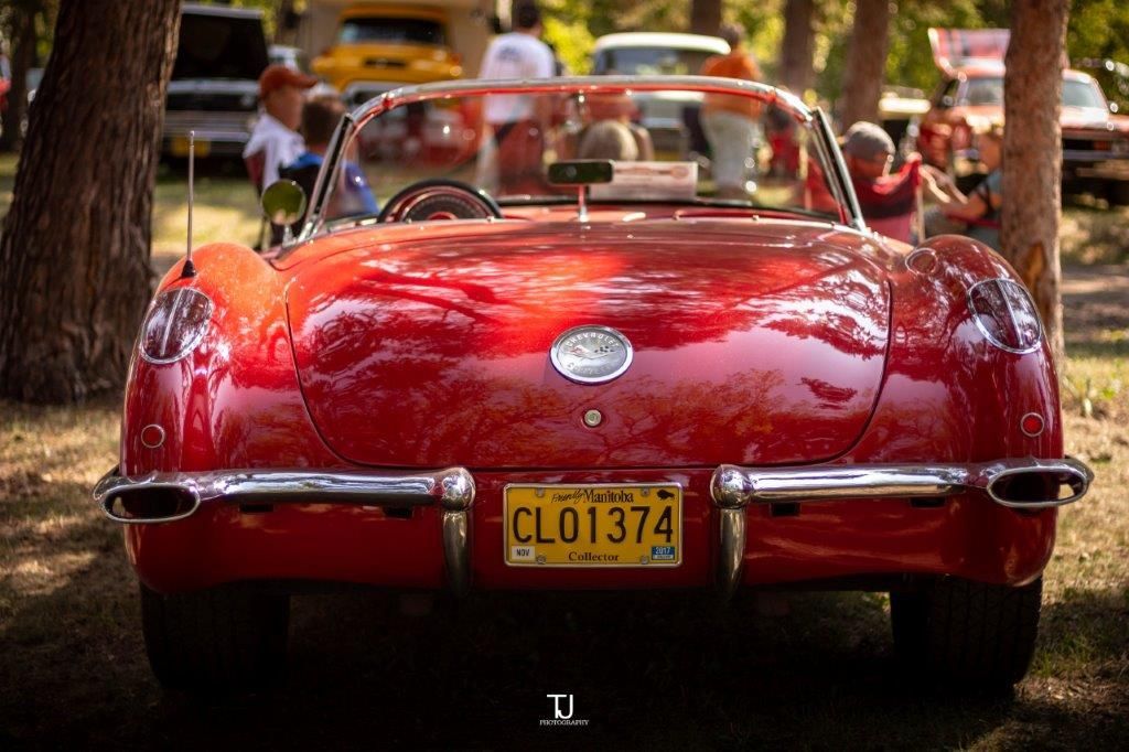 A red car with a license plate that says clo1374 is parked in the grass.