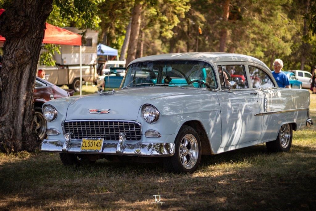A white car is parked under a tree at a car show.