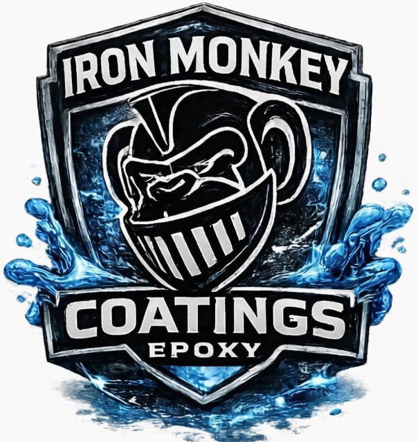 Iron Monkey Coatings Epoxy logo with a stylized monkey face and blue splash effects