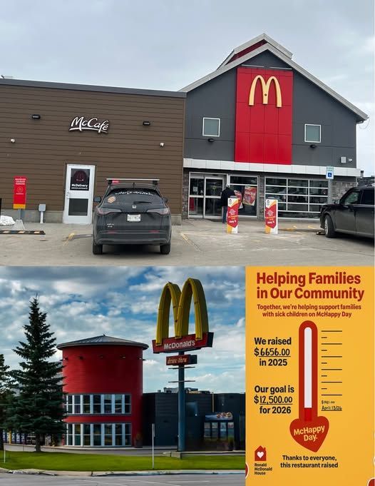 Collage of McDonald’s restaurant photos and a yellow “Helping Families in Our Community” poster.